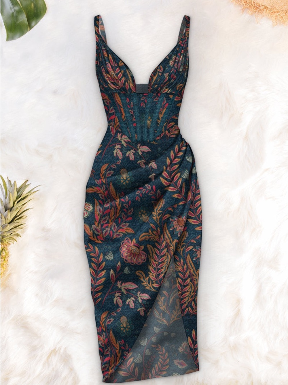 Averie Teal Floral Plunge Corseted Midi Dress NWT - Picture 5 of 11